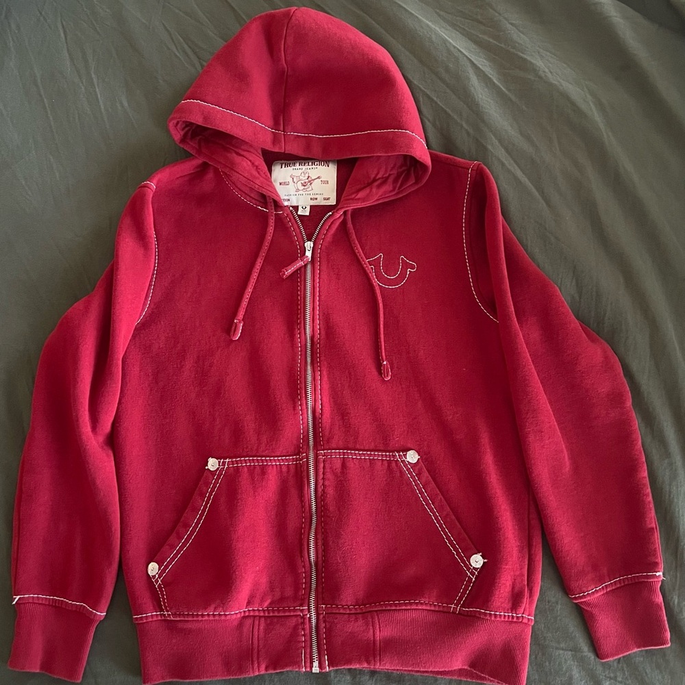 True Religion Burgundy Big T Zip-Up Hoodie